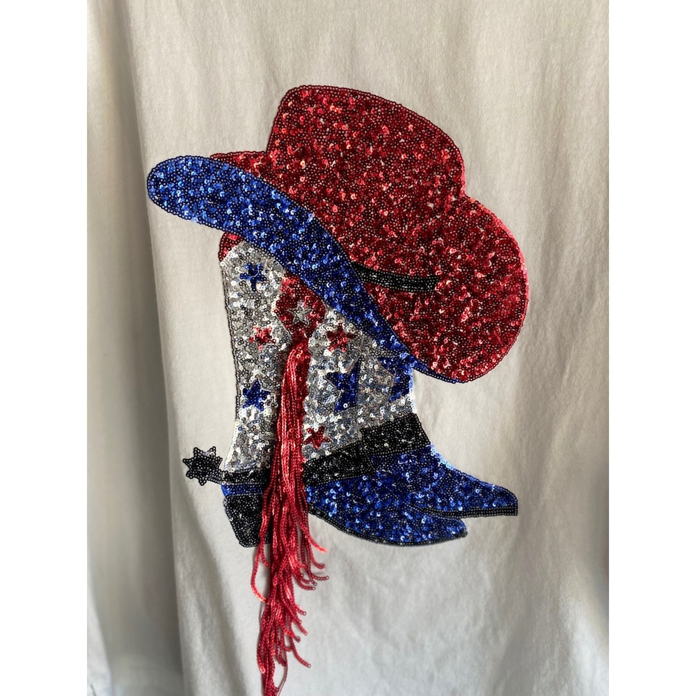 Fantastic Fawn Cowboy Boot Sequin T-Shirt Patriotic USA Oversized Tee M EUC - Picture 2 of 12